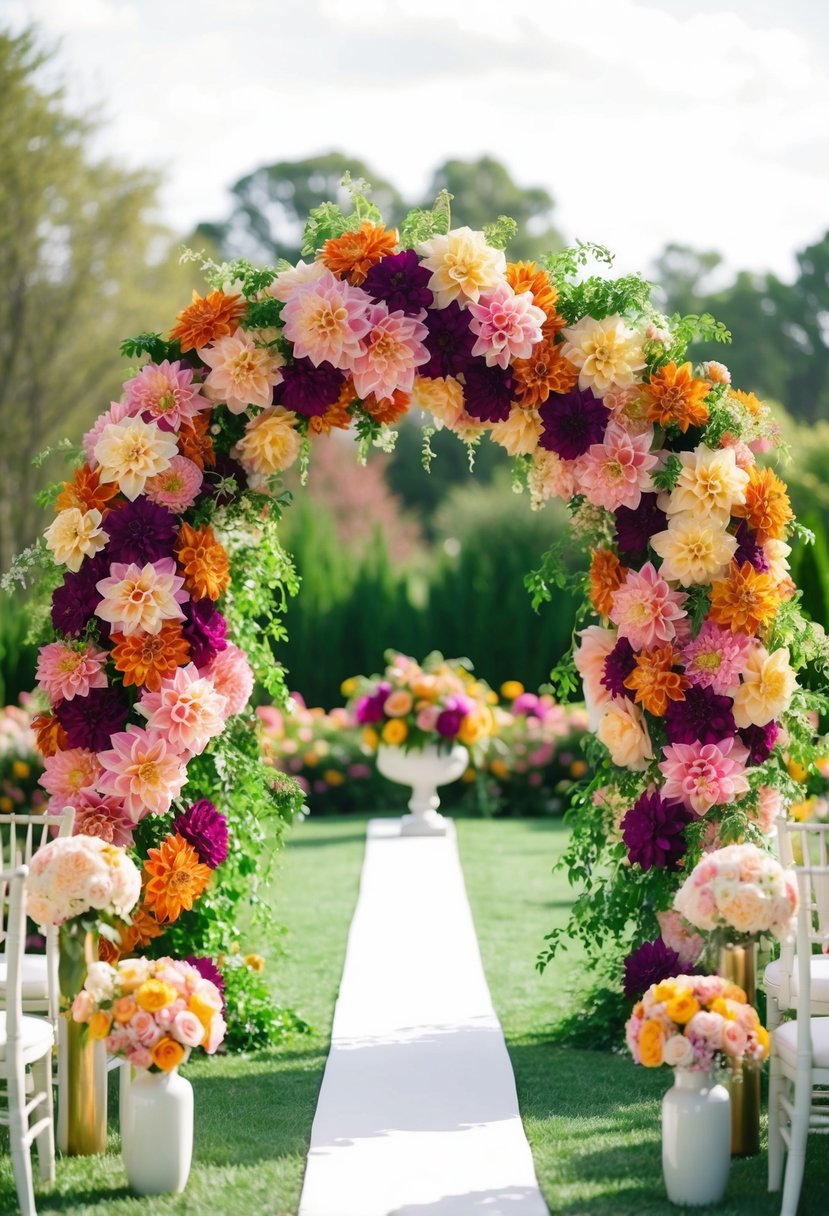 A lush, colorful dahlia wedding arch adorned with a coordinating bouquet