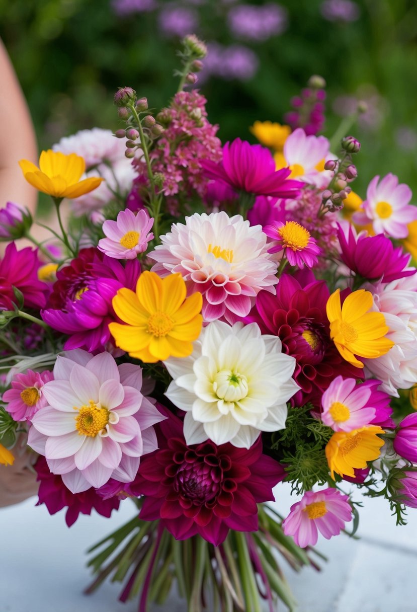 A vibrant mix of chic dahlia and cosmos flowers arranged in a stunning wedding bouquet