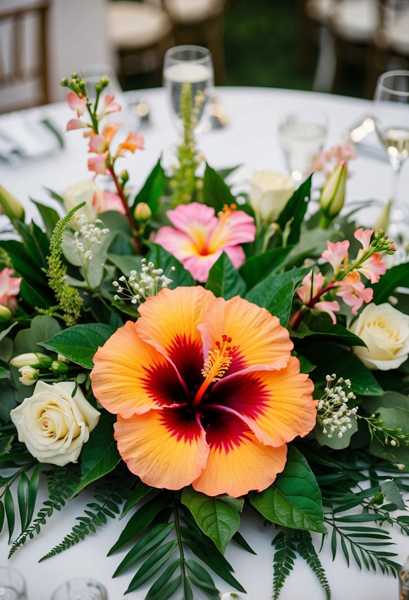 A vibrant hibiscus centerpiece adorns a reception table, surrounded by lush greenery and delicate floral accents