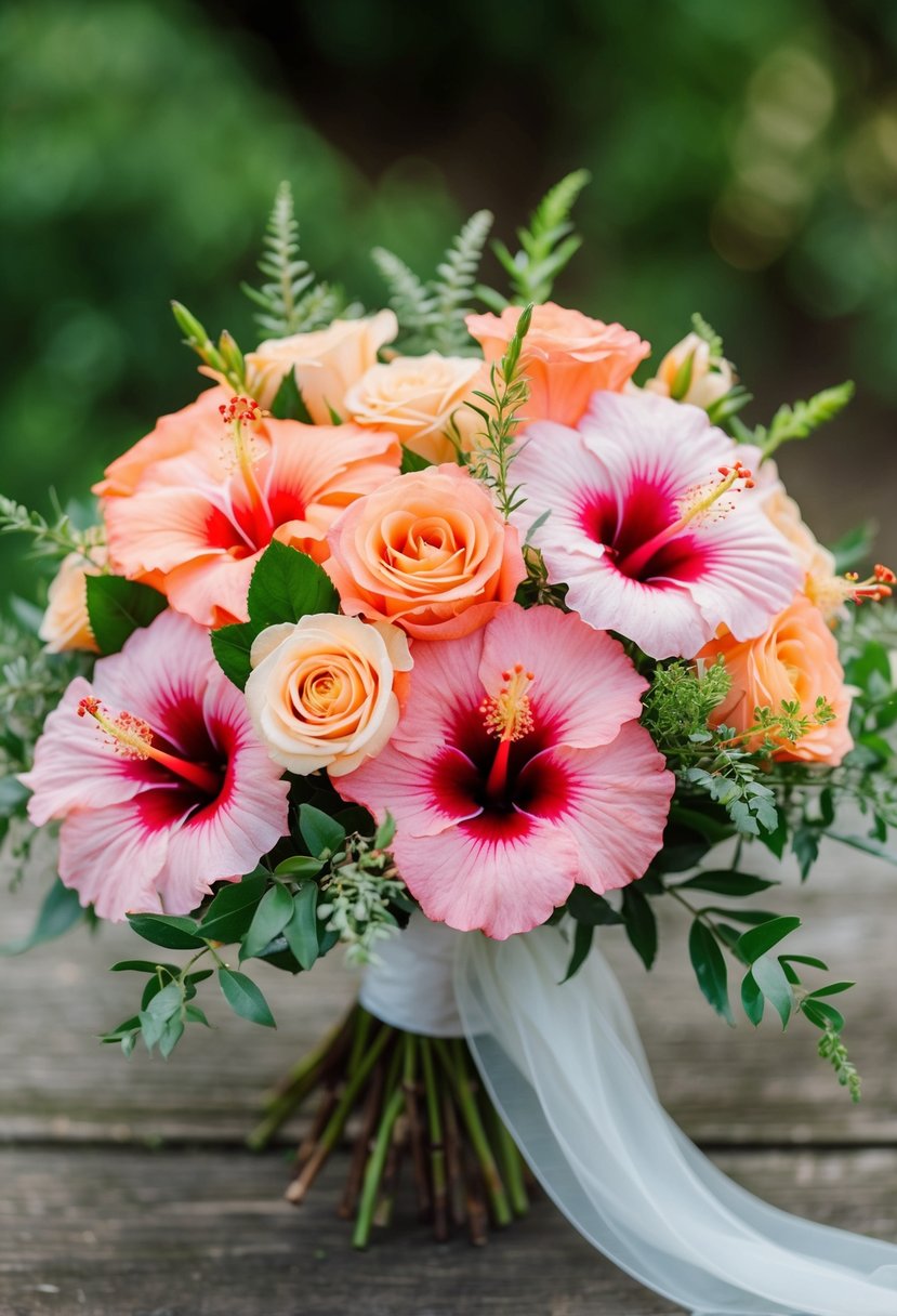 A vibrant bouquet of hibiscus and peach roses, accented with delicate greenery and tied with a flowing ribbon