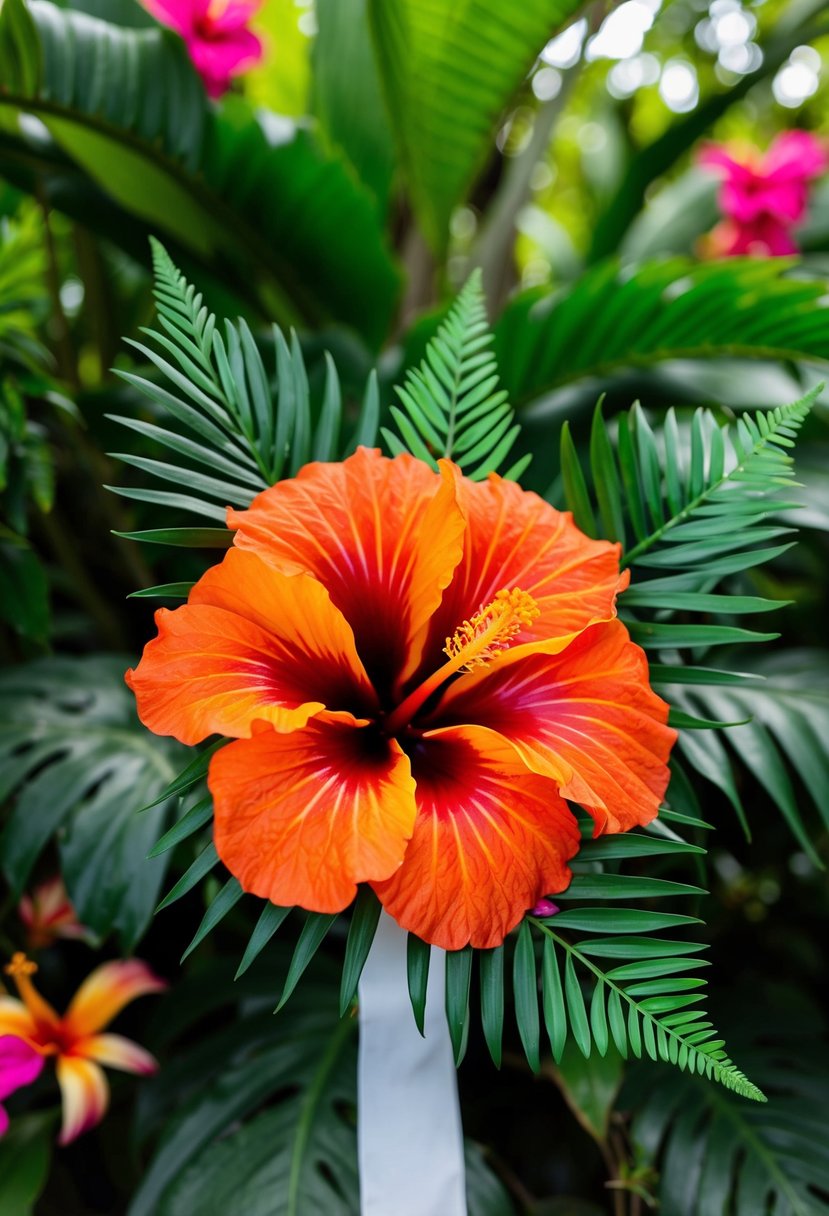 A vibrant hibiscus and fern twist wedding bouquet, set against a backdrop of lush tropical foliage and flowers