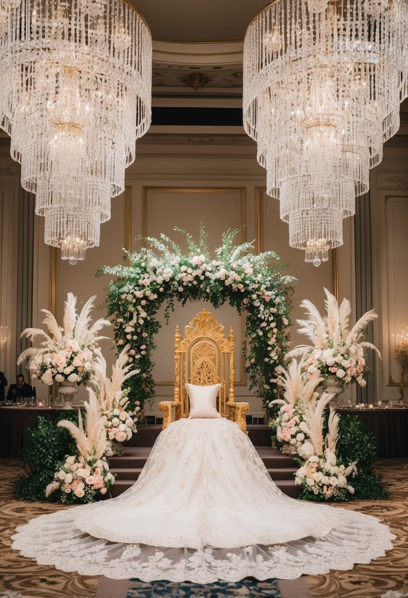 A grand ballroom with cascading crystal chandeliers, opulent floral arrangements, and a regal throne adorned with intricate lace and silk wedding dresses fit for a princess