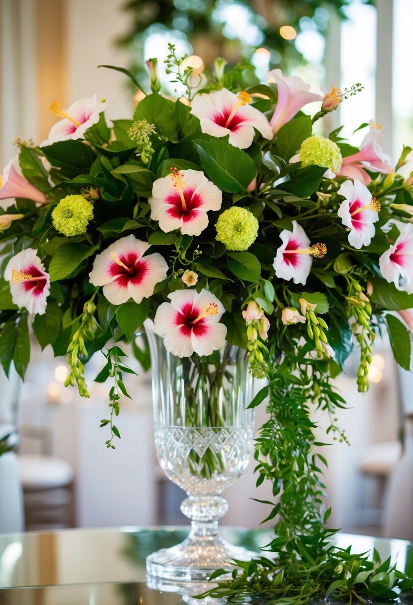 An elegant hibiscus cascade spills from a crystal vase, with lush greenery and delicate blooms creating a stunning wedding bouquet