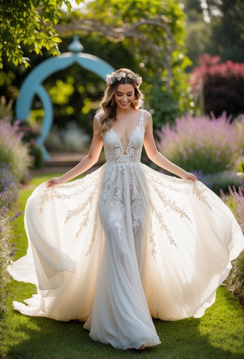 A bride twirls in a flowy, bohemian A-line gown with intricate lace and floral details, surrounded by a whimsical garden setting