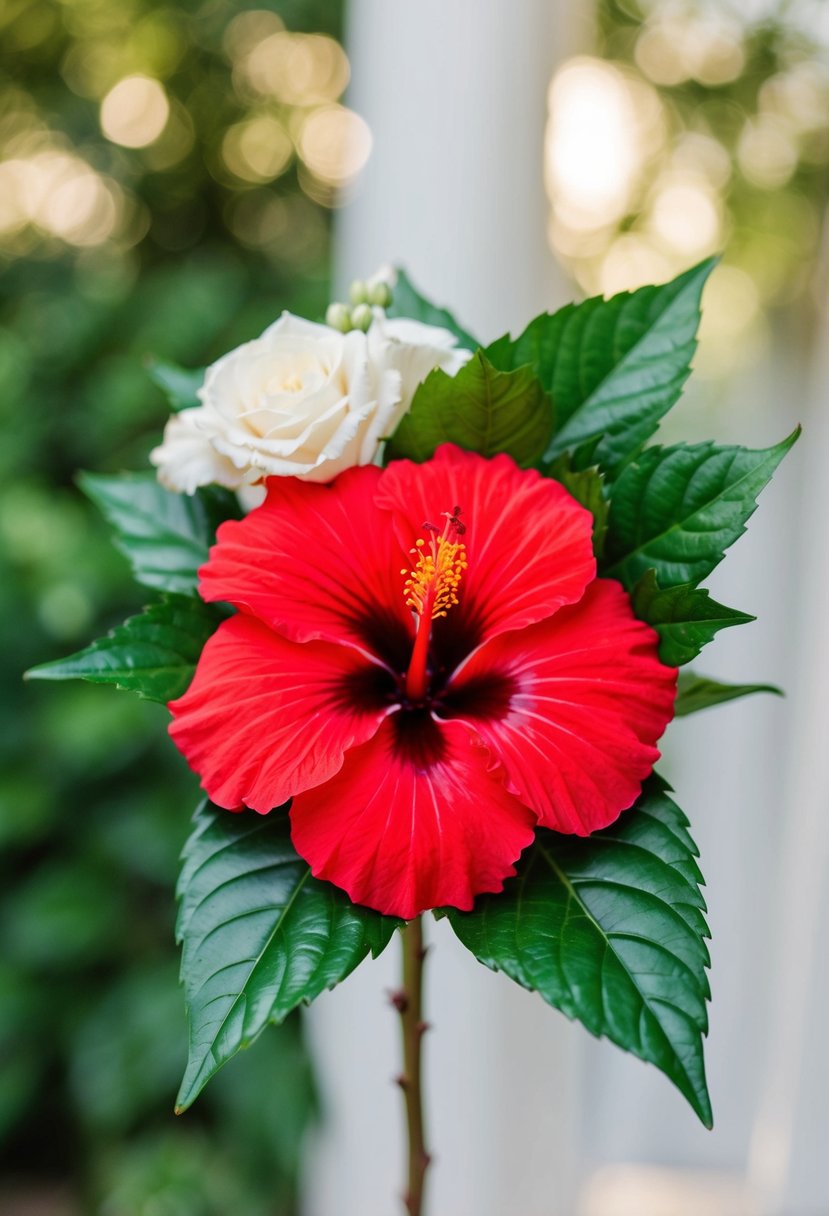 A single hibiscus stem with vibrant red petals, surrounded by lush green leaves, arranged in a simple and elegant wedding bouquet