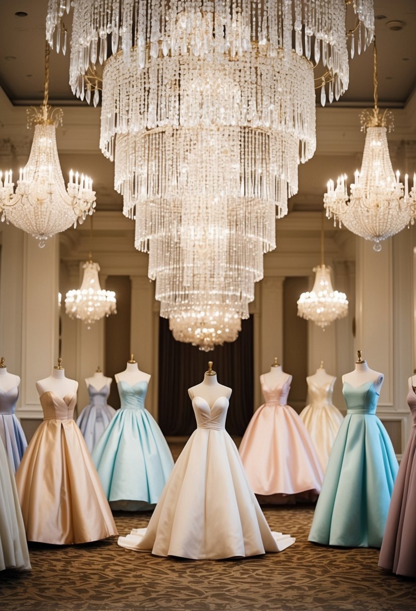 A grand ballroom with cascading crystal chandeliers, adorned with satin fairytale wedding dresses in various pastel hues