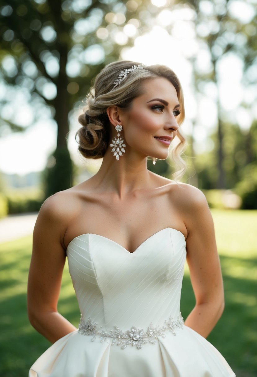 A beautiful strapless wedding dress adorned with elegant earrings