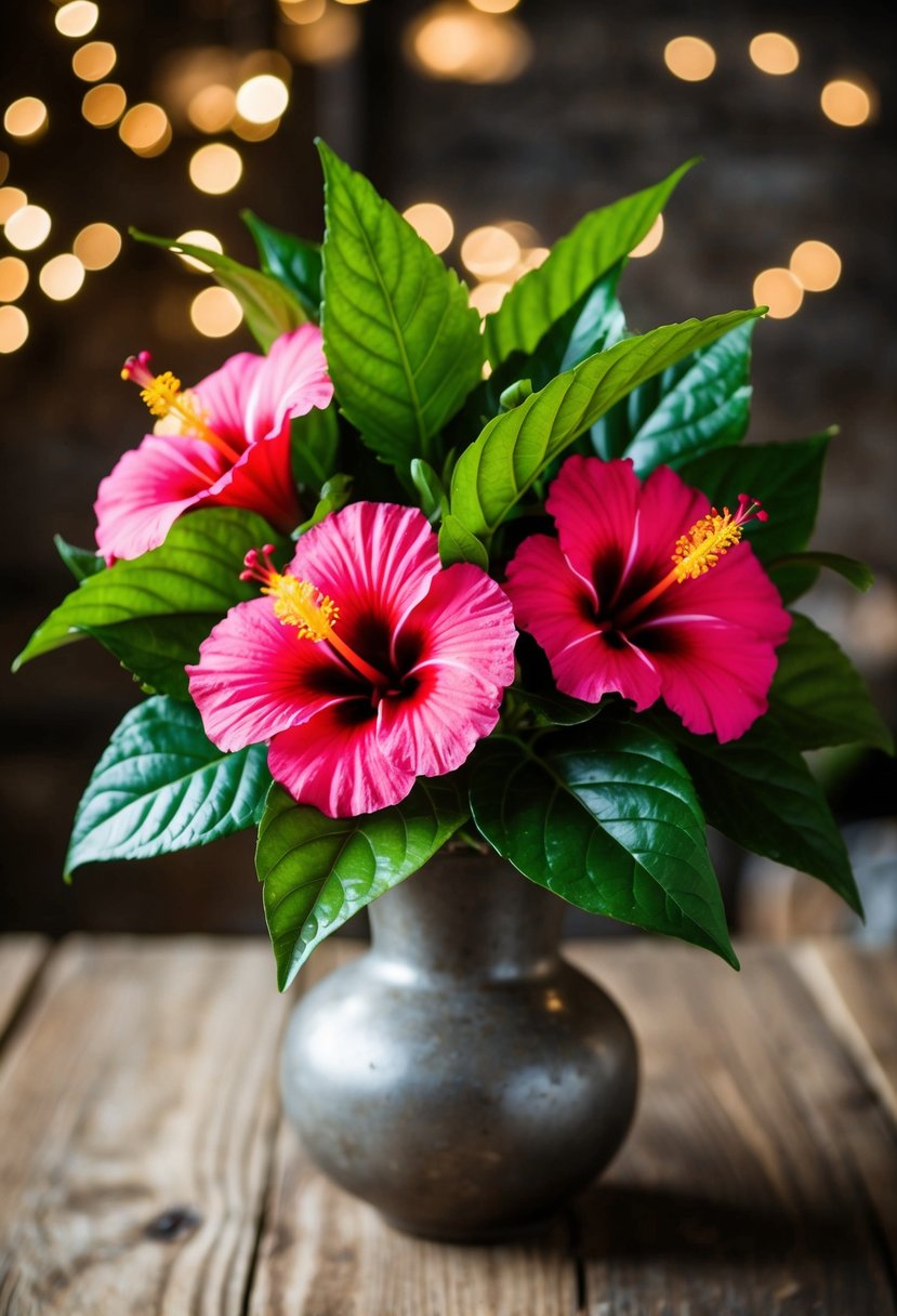 A vibrant hibiscus and leafy green bouquet arranged in a rustic vase