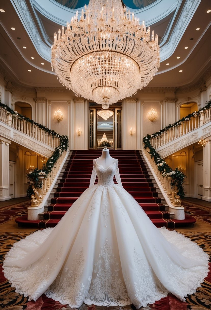 A grand ballroom with a sparkling chandelier, opulent decor, and a majestic staircase, showcasing a modern princess ball gown wedding dress