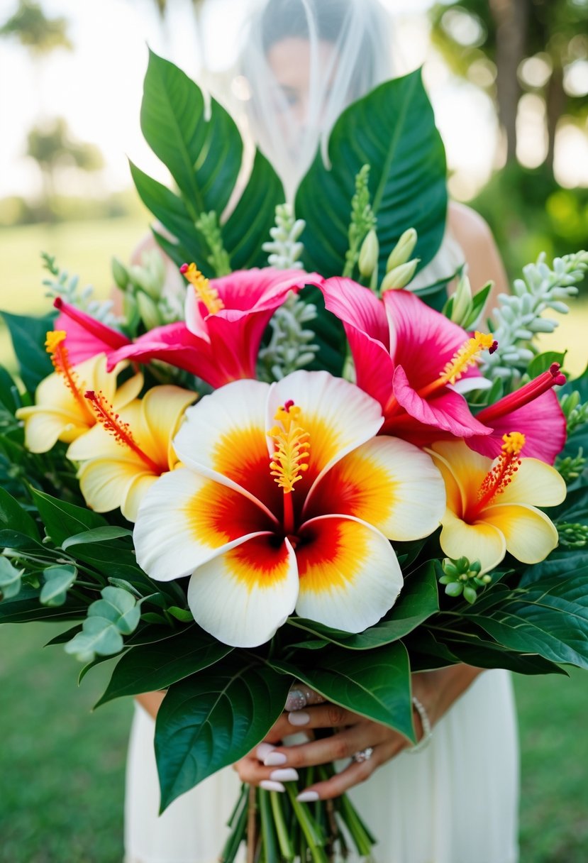 A vibrant hibiscus and plumeria wedding bouquet with lush greenery and delicate floral accents