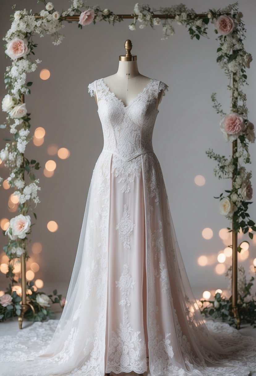 A lace-embroidered princess dress draped over a mannequin, surrounded by delicate floral accents and soft lighting