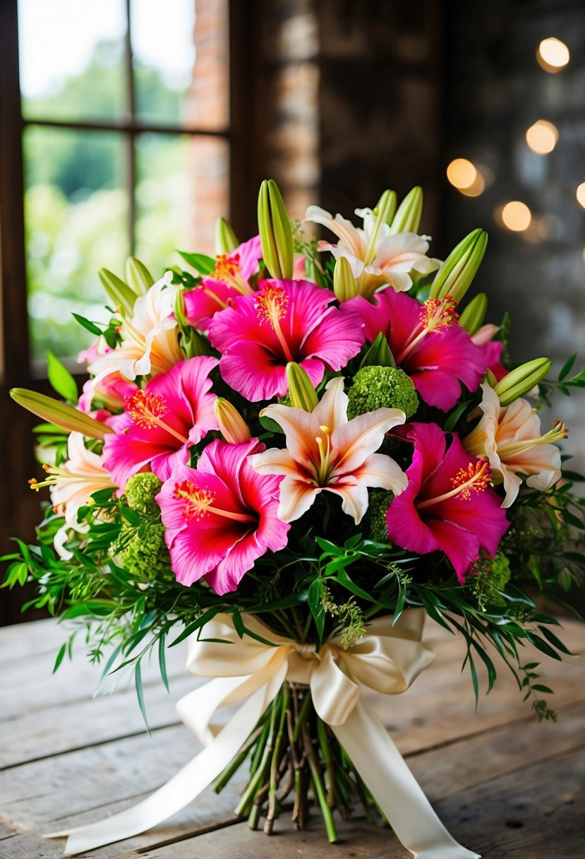 A lush bouquet of vibrant hibiscus and delicate lilies, intertwined with greenery and tied with a satin ribbon, sits on a rustic wooden table