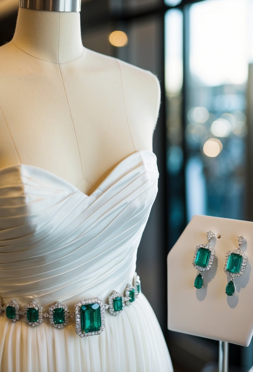 A strapless dress hangs on a mannequin, with emerald cut solitaire earrings displayed nearby as wedding jewelry ideas