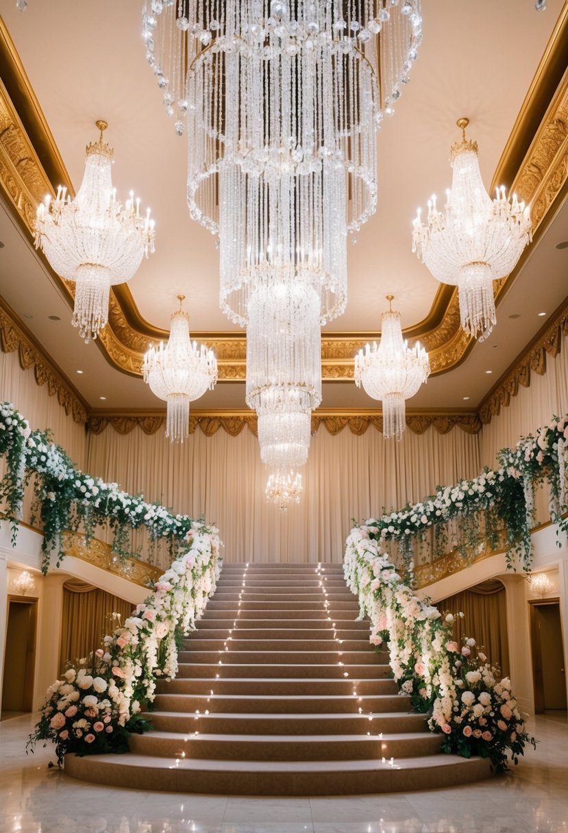 A grand ballroom with cascading crystal chandeliers, opulent gold trim, and a grand staircase adorned with cascading flowers and twinkling lights