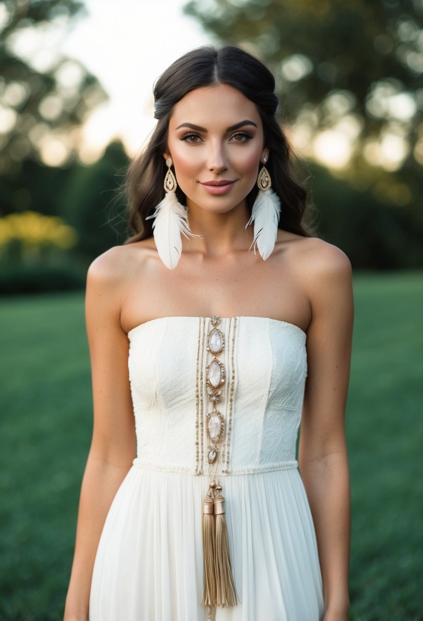 A bohemian-style strapless dress with tassel and feather earrings, perfect for a wedding