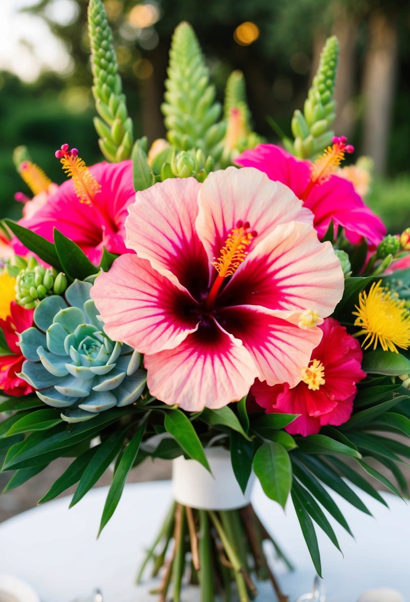 A vibrant hibiscus and succulent wedding bouquet with lush greenery and bold, colorful blooms