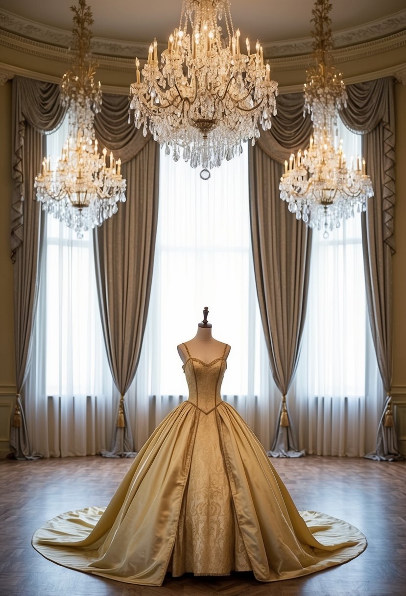 A grand ballroom with ornate chandeliers and cascading drapes, showcasing a vintage-inspired princess gown on a mannequin