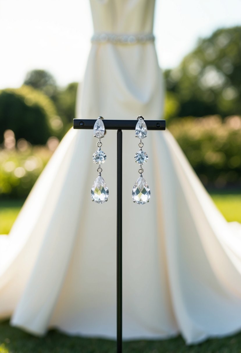 A sparkling pair of crystal drop earrings dangle from a delicate stand, set against a backdrop of a flowing strapless wedding dress