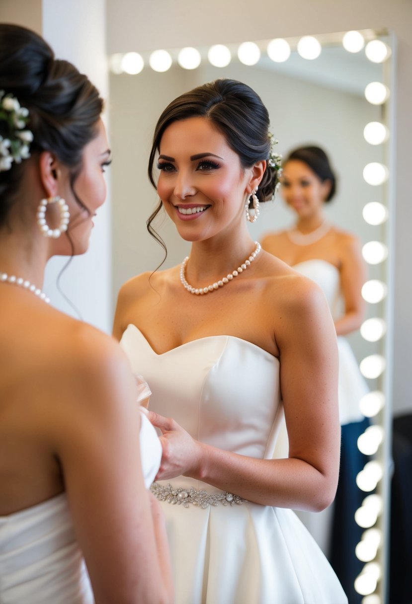 A bride wearing a strapless dress, with pearl hoop earrings, standing in front of a mirror admiring her wedding look