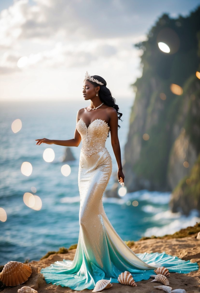 A mermaid princess in a shimmering wedding gown, adorned with pearls and seashells, standing on a cliff overlooking the ocean