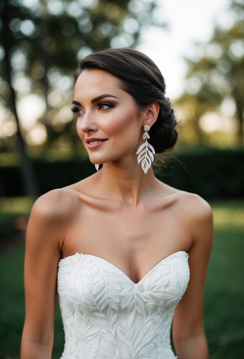 A strapless wedding dress with leaf dangle drop earrings