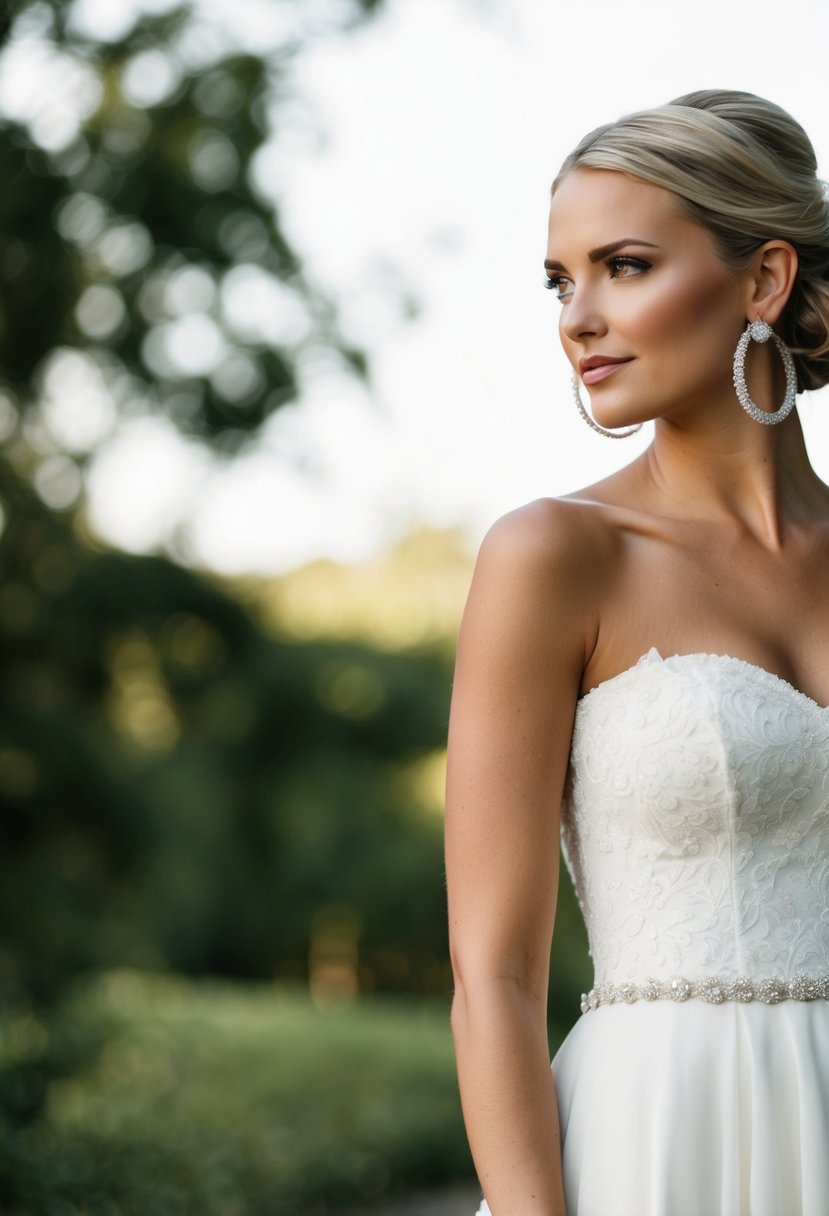 A strapless wedding dress with statement hoop earrings