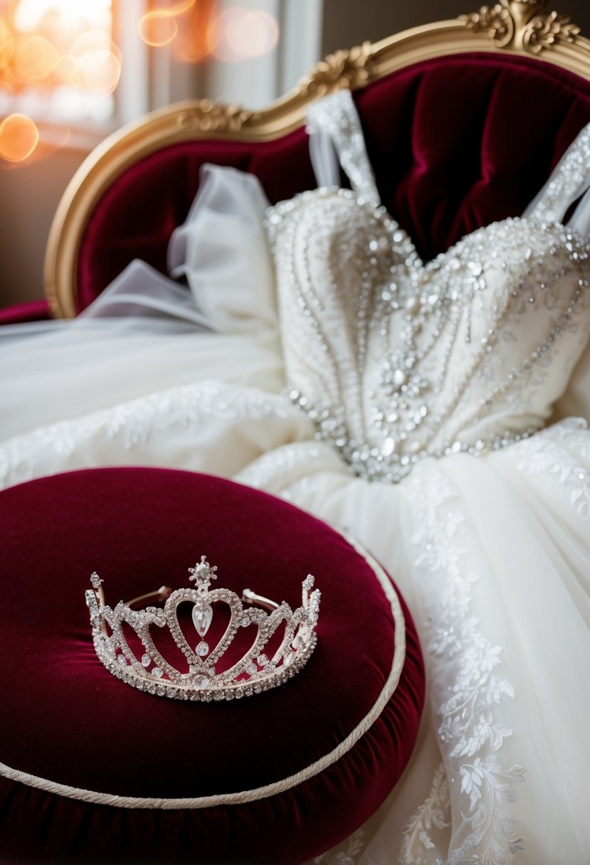 A regal princess wedding dress with a sparkling tiara on a velvet cushion