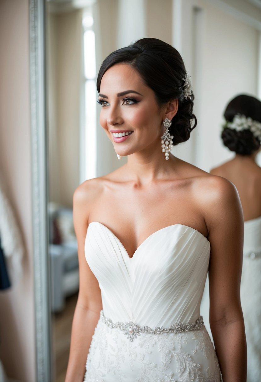 A bride wearing a strapless dress, adorned with elegant pearl earrings, standing in front of a mirror