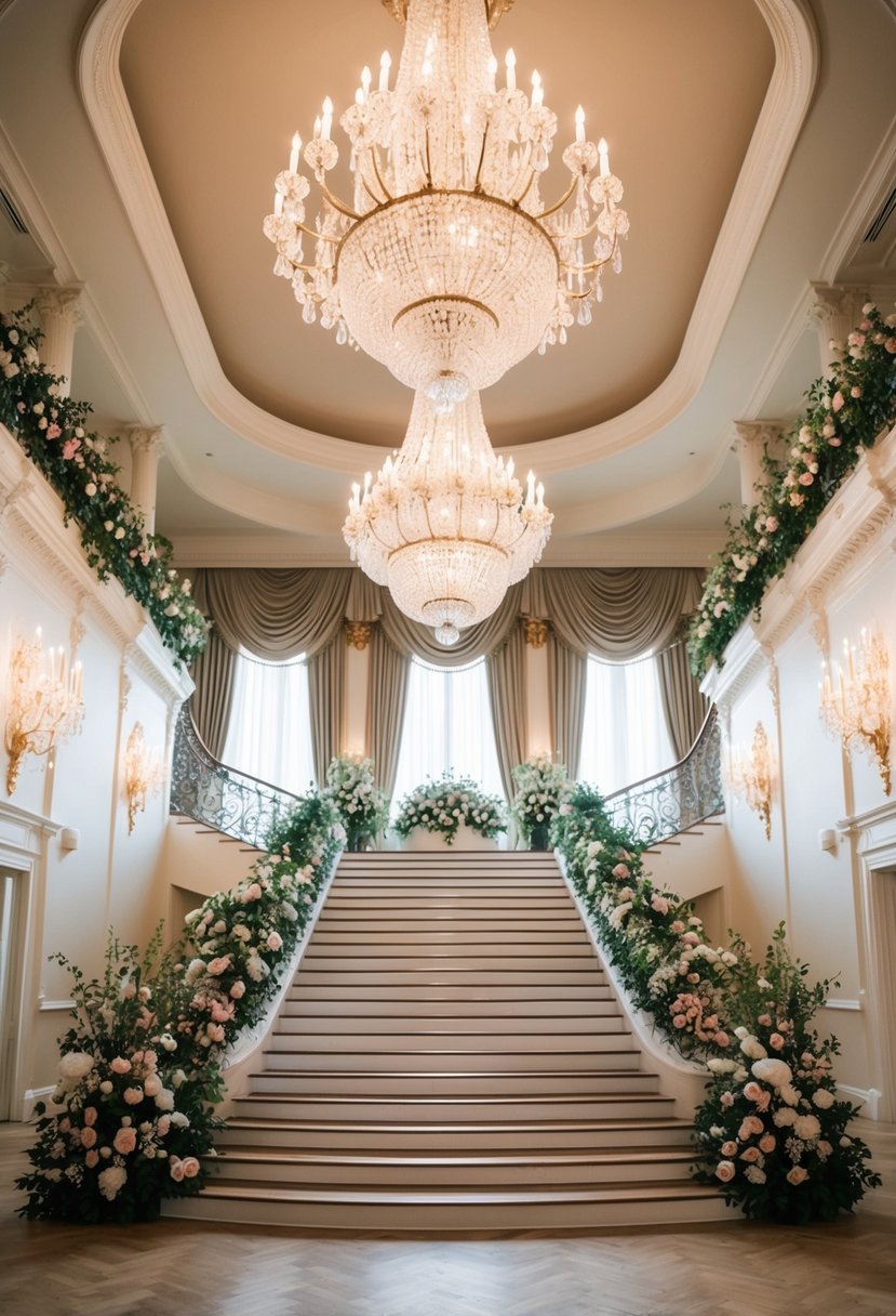 A grand ballroom with ornate chandeliers and a sweeping staircase, adorned with lush floral arrangements and opulent drapery