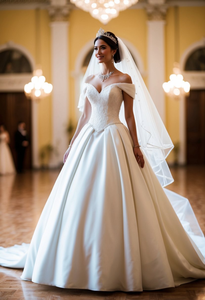 A princess in a high-heeled wedding gown, adorned with jewels and a flowing veil, standing in a grand ballroom