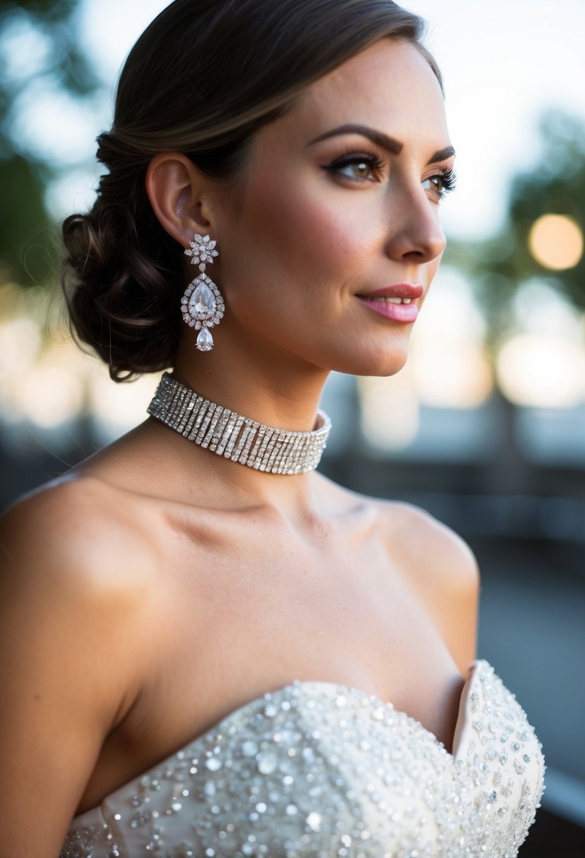 A sparkling choker adorns a strapless dress, accompanied by elegant wedding earrings