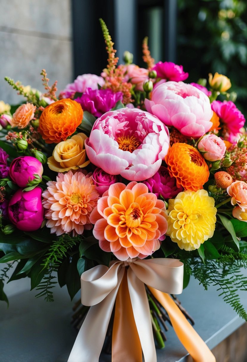 A vibrant collection of peonies, roses, and dahlias in shades of pink, orange, and yellow, accented with lush greenery and tied with a flowing satin ribbon