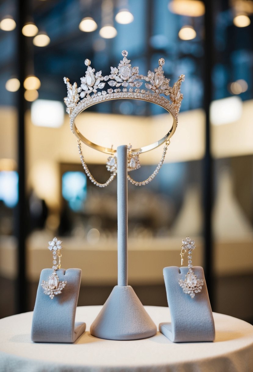 A sparkling bridal crown jewels strapless dress with matching wedding earrings showcased on a velvet display stand