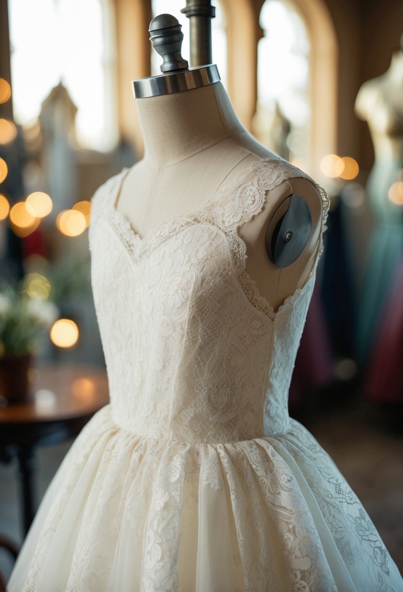 A delicate lace princess dress hangs on a vintage mannequin