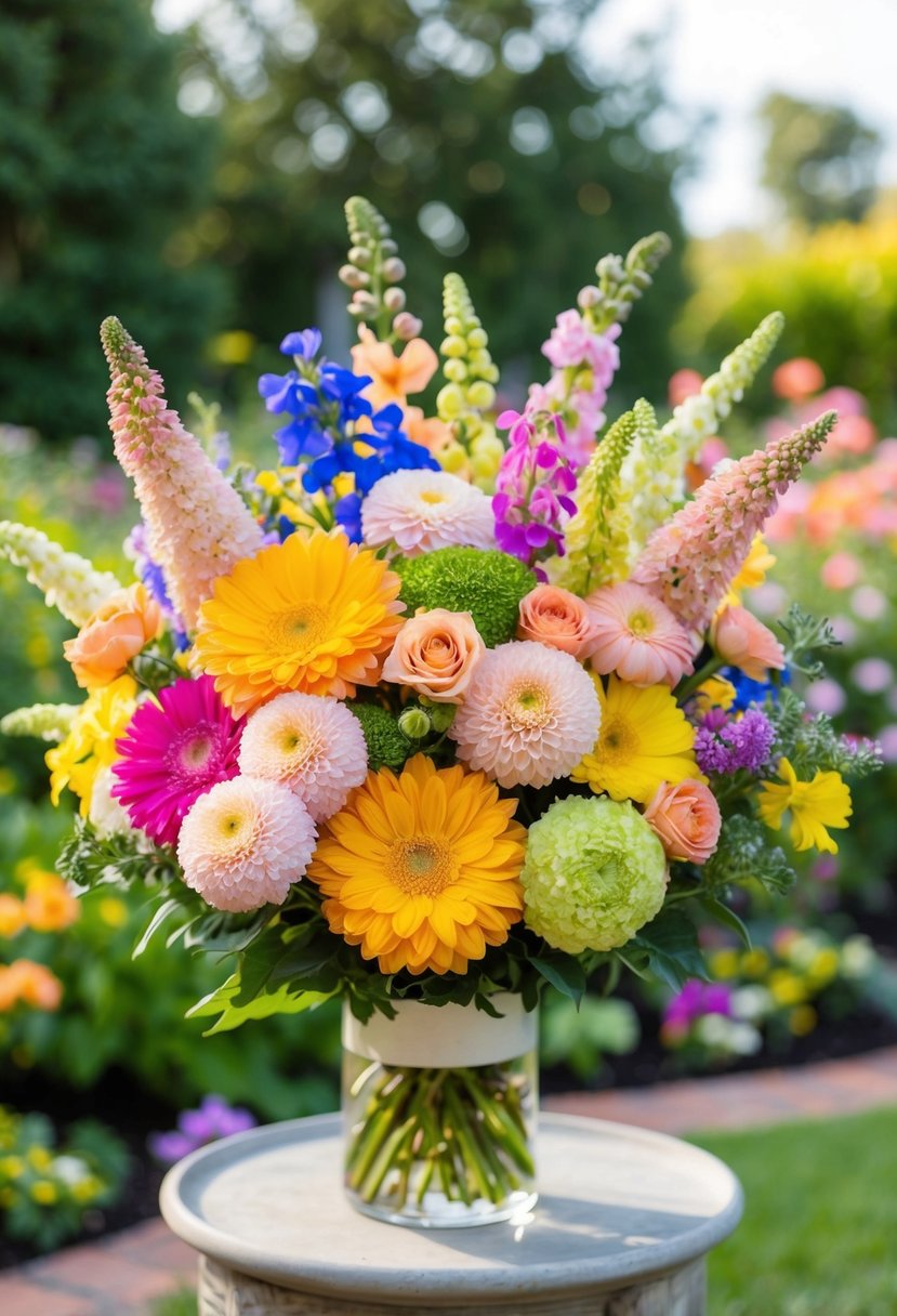 A vibrant bouquet of assorted flowers in a garden setting, with a mix of bright and pastel colors