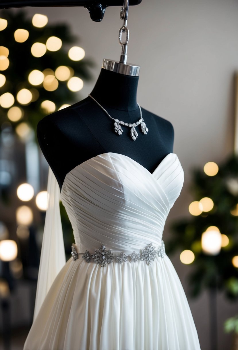 A strapless dress hangs on a mannequin, adorned with statement cape accessories and elegant wedding earrings