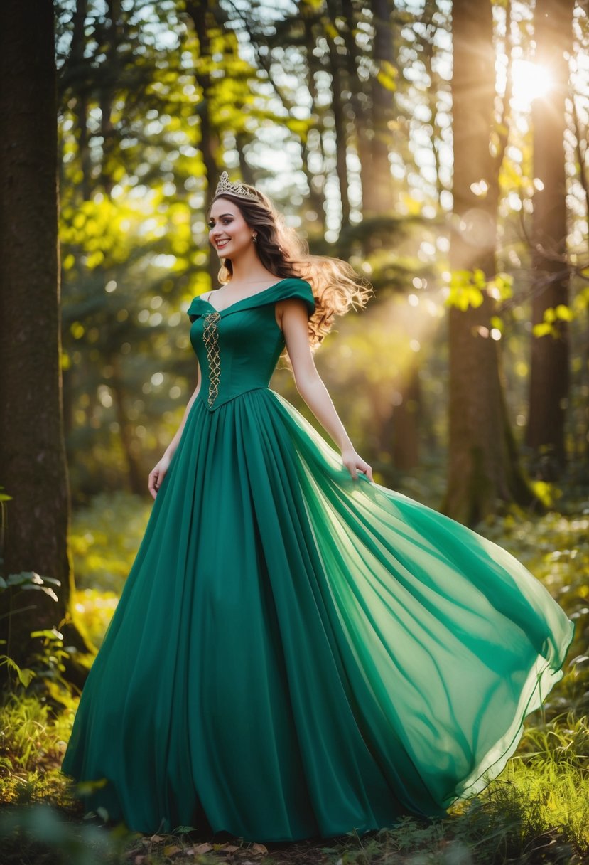 A flowing forest green princess dress in a magical woodland setting with dappled sunlight filtering through the trees