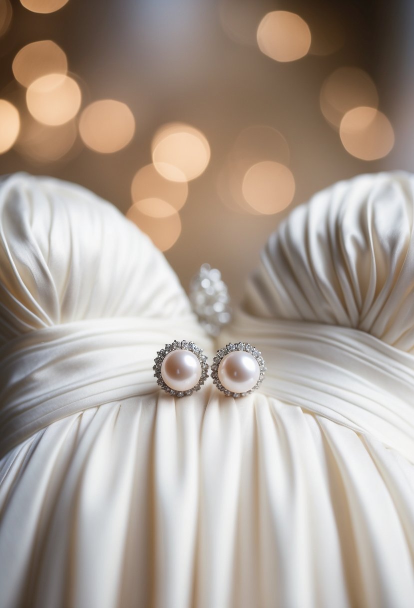 A pair of classic pearl studs resting on a delicate strapless wedding dress