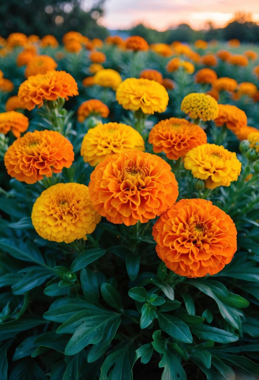 A vibrant sunset marigold arrangement, bursting with warm oranges and yellows, nestled among lush green foliage