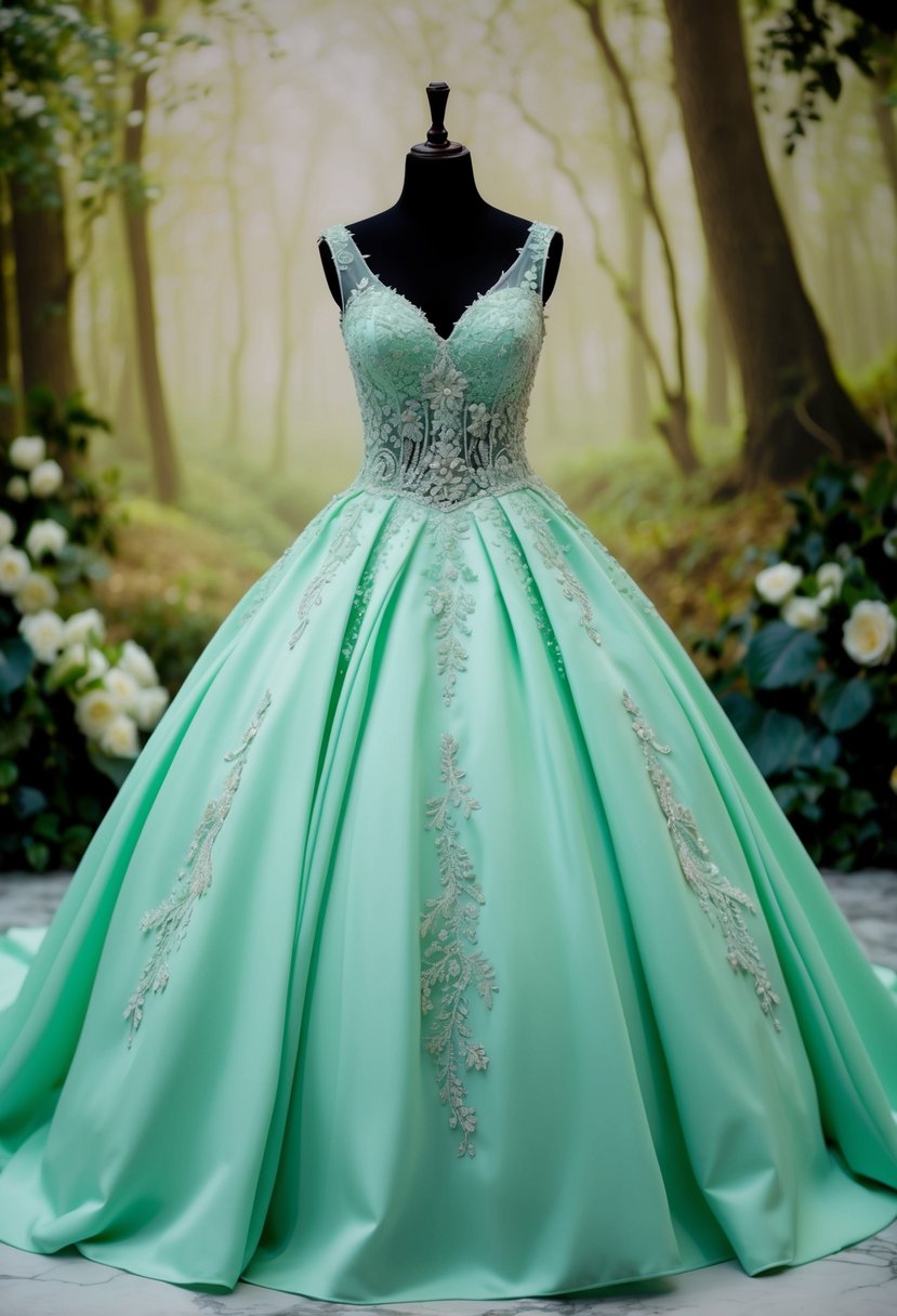 A minty green bridal gown adorned with delicate lace and sparkling embellishments, set against a backdrop of a dreamy, enchanted forest