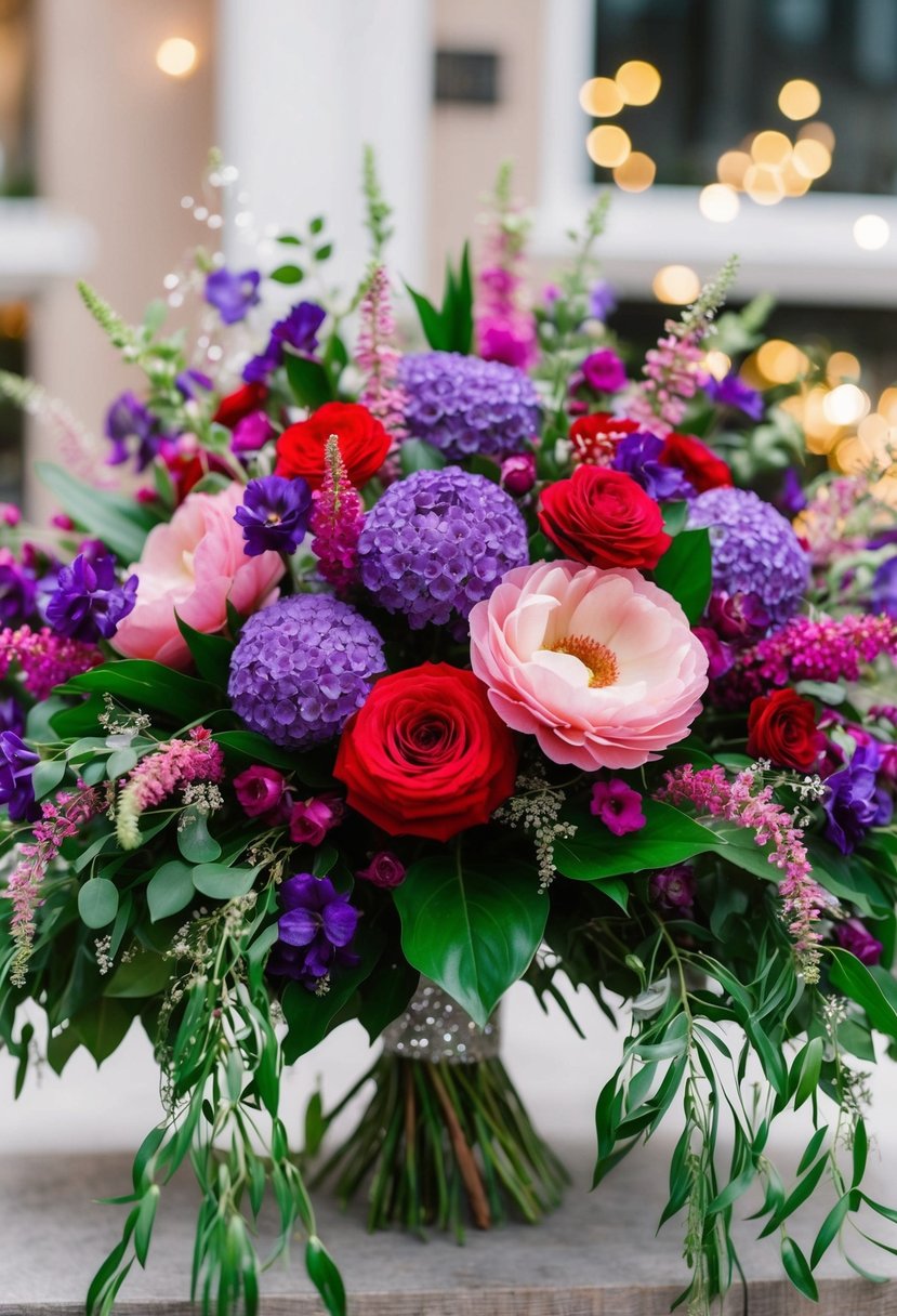 A vibrant bouquet of violet, pink, and red flowers arranged in a lush, cascading fashion, with delicate greenery and sparkling accents