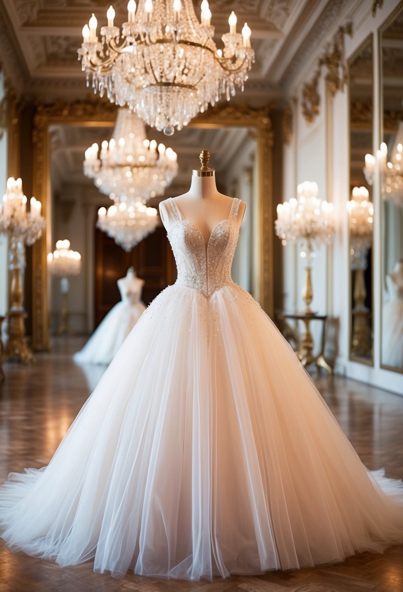 A modern tulle princess dress displayed on a mannequin in a grand ballroom with ornate chandeliers and floor-length mirrors