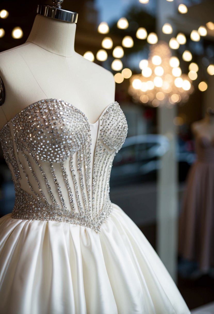 A strapless dress adorned with sparkling statement earrings hangs on a mannequin, catching the light in a bridal boutique window display