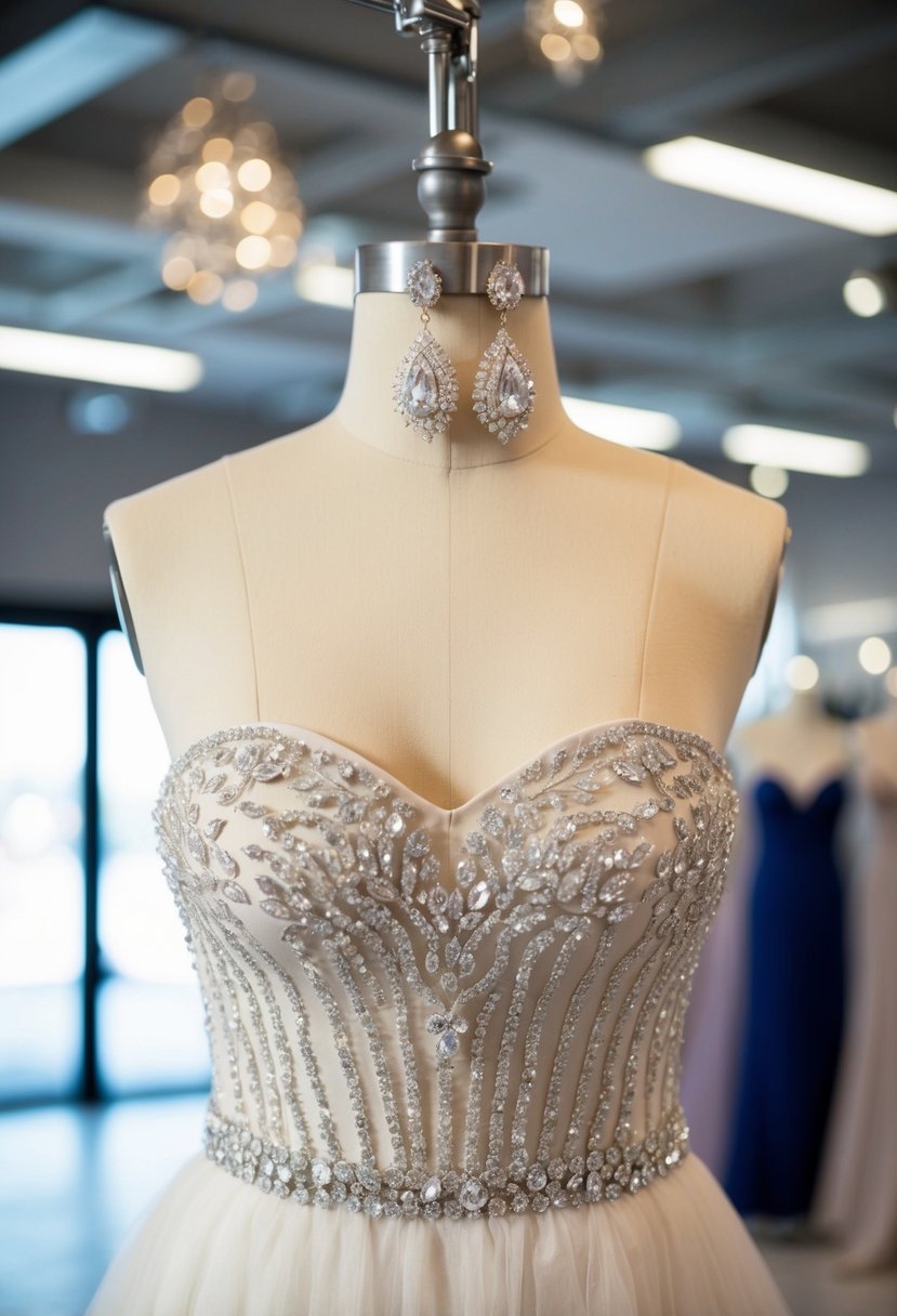 A strapless dress hangs on a mannequin, adorned with dazzling crystal earrings, creating a wedding-ready ensemble