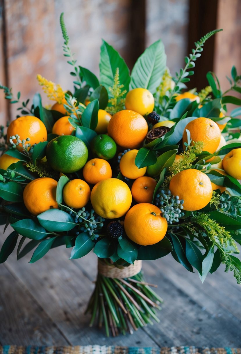 A vibrant bouquet of citrus fruits and foliage arranged in a burst of color and texture