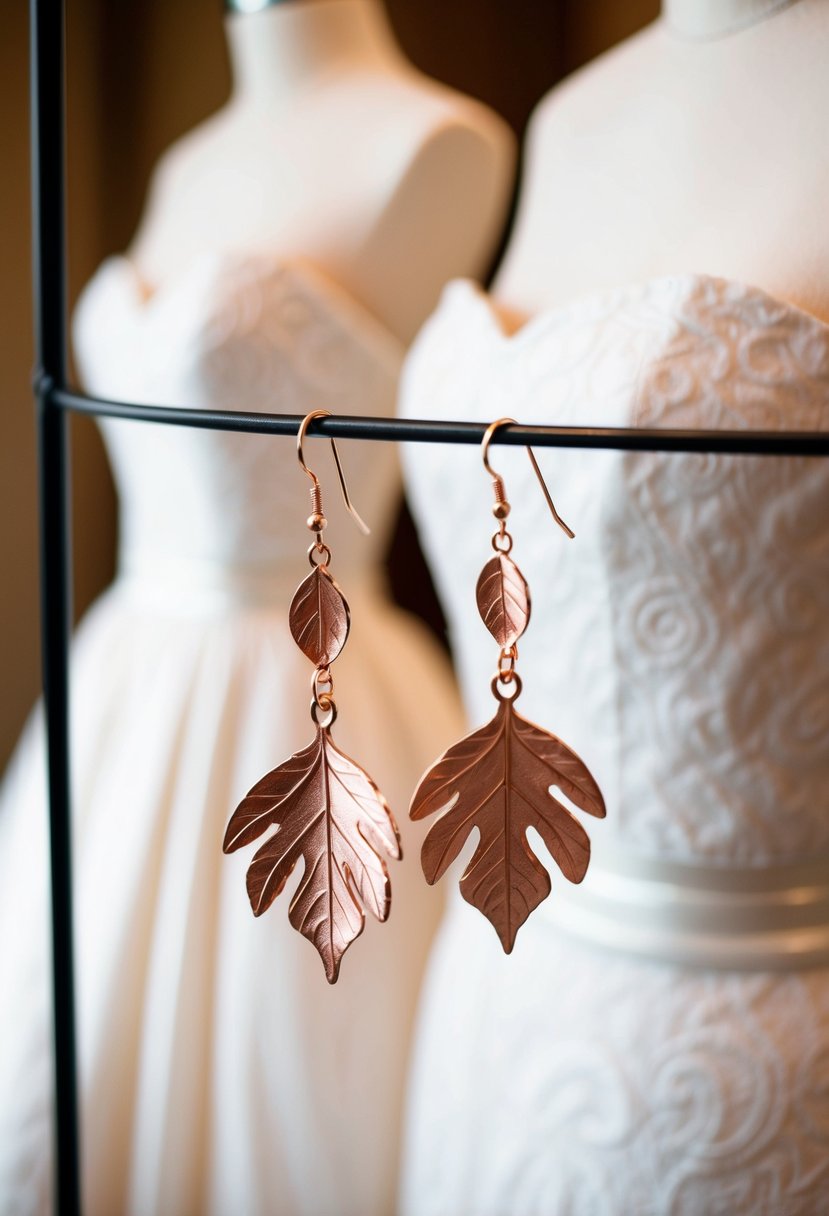 A delicate pair of rose gold leaf earrings dangle from a display, alongside a strapless dress, evoking wedding elegance and style