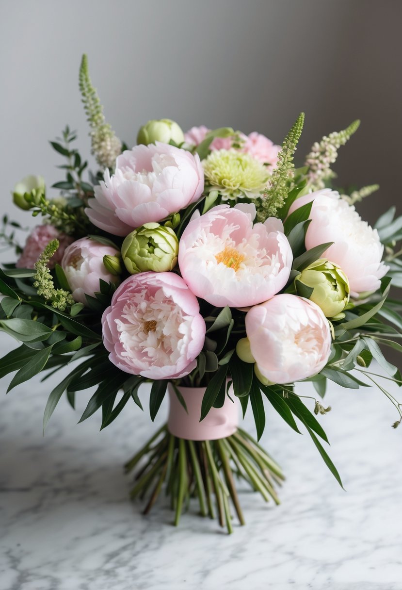 A vibrant bouquet of pastel peonies and greenery arranged in a delicate, flowing manner