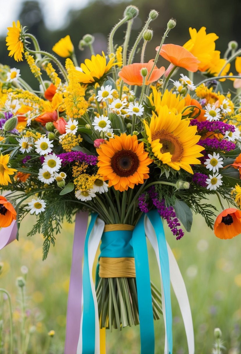 A vibrant array of wildflowers, including daisies, sunflowers, and poppies, arranged in a cascading bouquet with flowing ribbons