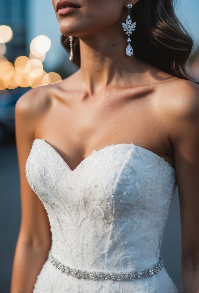 A strapless wedding dress with silver dangling earrings