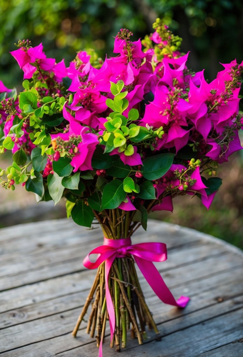 A vibrant bouquet of foraged bougainvillea, tied with a ribbon, rests on a rustic wooden table